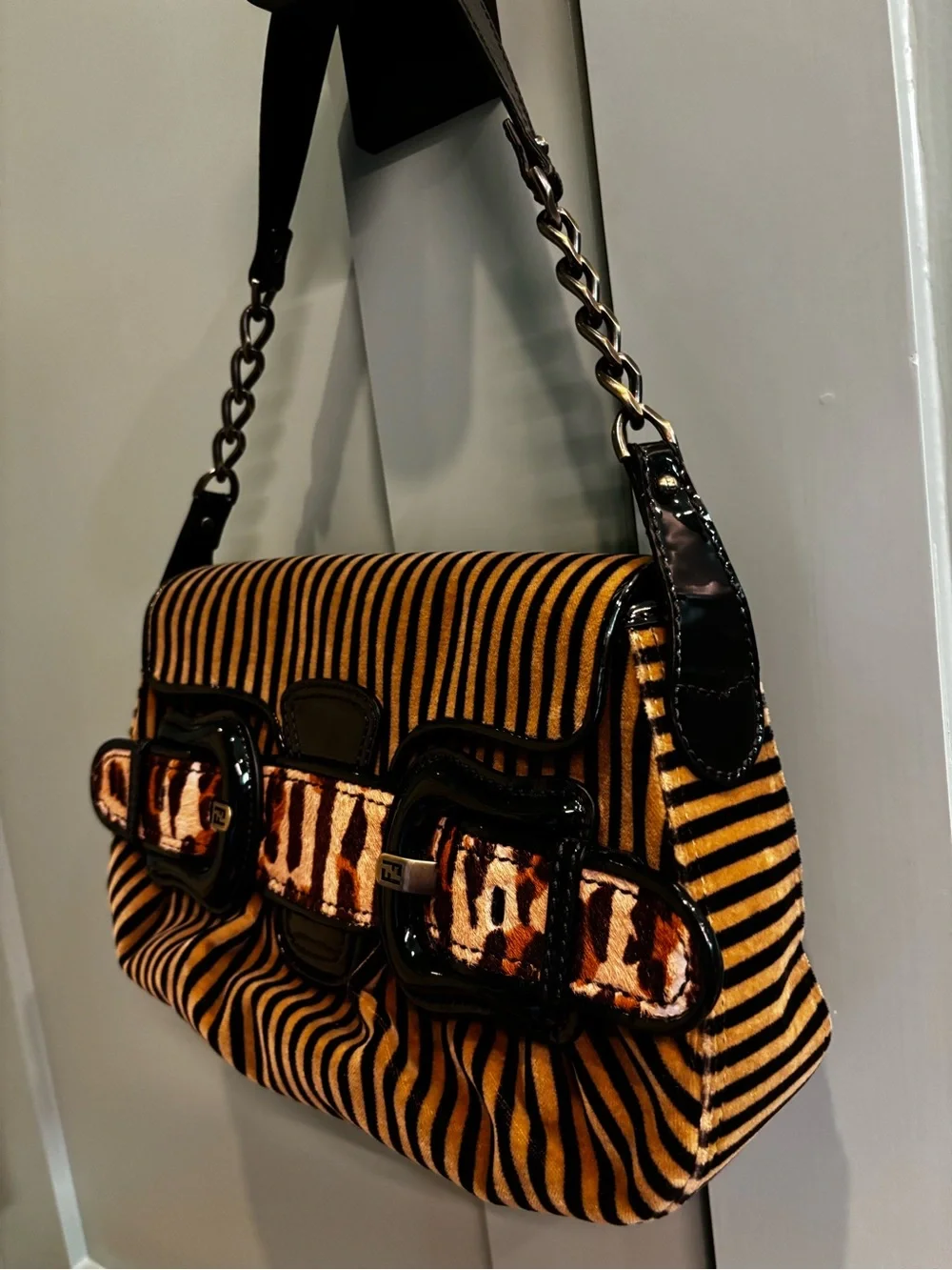 FENDI Pony Hair Stripe Leopard Baguette Shoulder Bag Patent Leather Rare - Picture 11 of 16